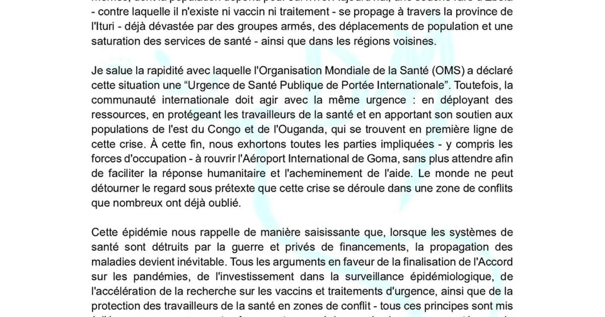 🔴🇨🇩 Épidémie d’Ebola en RDC : appel urgent du Dr Denis Mukwege à une mobilisation internationale