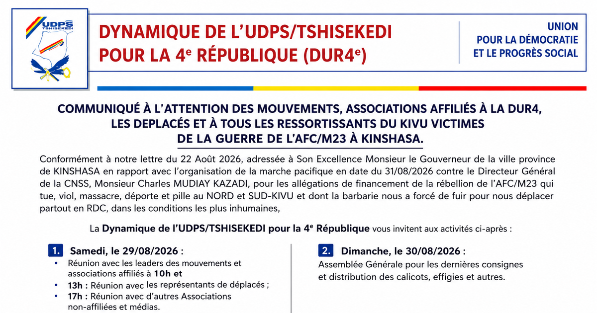 RDC : la Dynamique de l’UDPS/Tshisekedi annonce une marche à Kinshasa contre le DG de la CNSS sur fond d’accusations liées à l’AFC/M23
